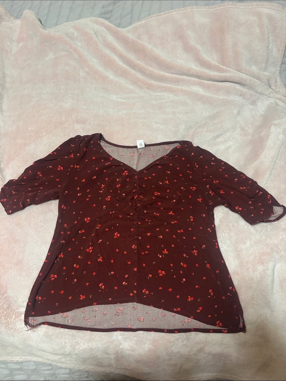 Old Navy Burgundy Floral V-Neck Ruched Top